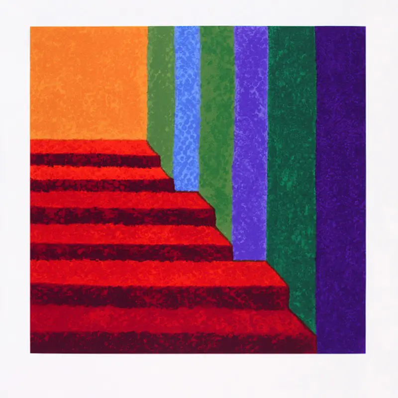 Colorful abstract painting of steps and walls.